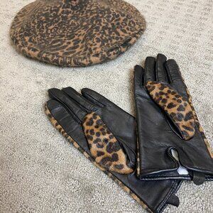 Leopard Beret & Gloves Set (Faux Fur, Wool-blend & Leather)